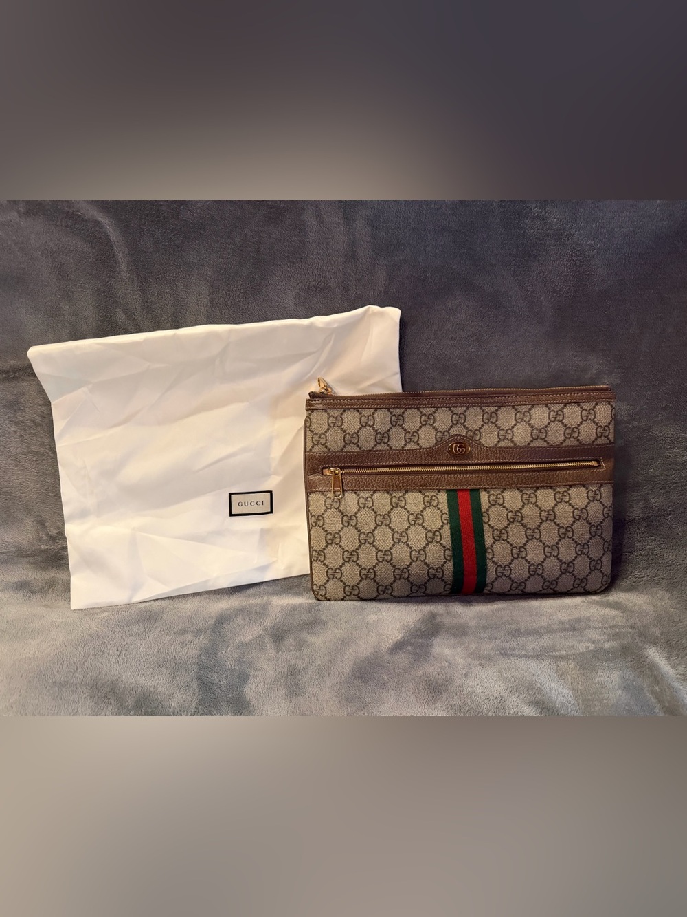 Gucci Ophidia Brown GG Supreme Pouch / Clutch with Signature Web